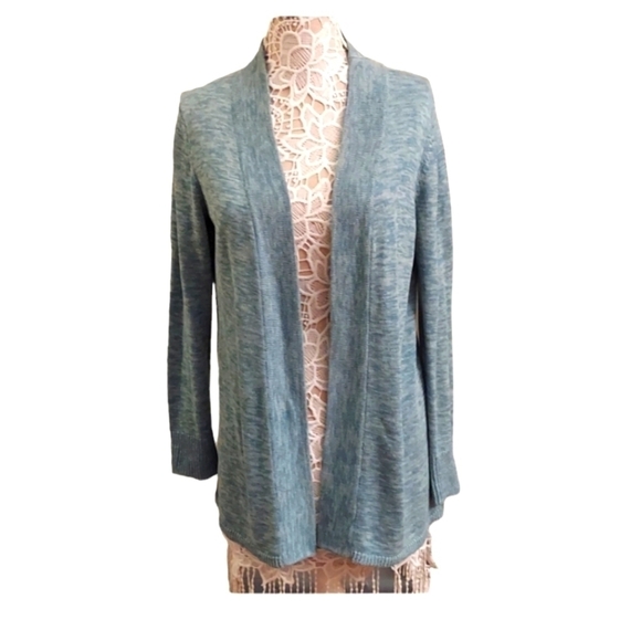 TALBOTS PETITE Heather Blue/Green Open Front Long Sleeve Knit Cardigan - Picture 1 of 10